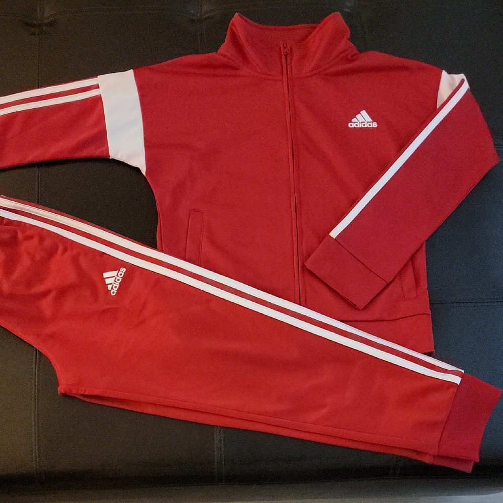 Kids adidas Red and White Three-Stripe Track Jacket and Pants Set Size S/P 8